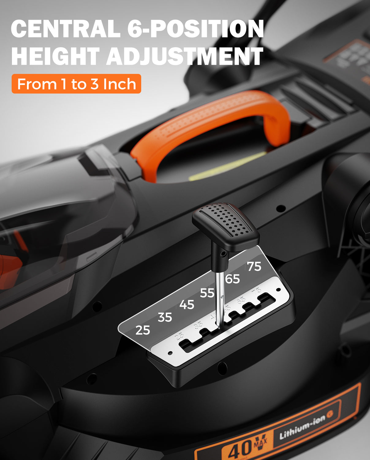 Lawn mower with 6-position height adjustment feature on a gray background