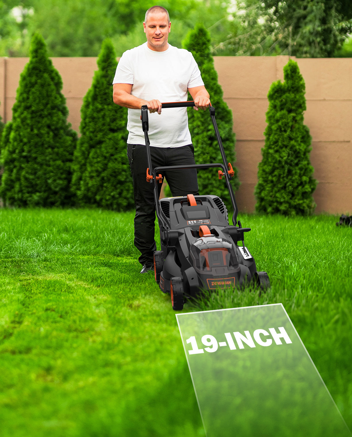 Man using a 19-inch lawn mower on a green lawn with a '19-Inch' label.