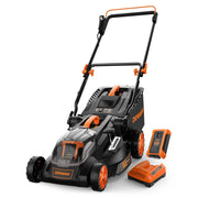 DOVAMAN lawn mower with battery and charger on a white background