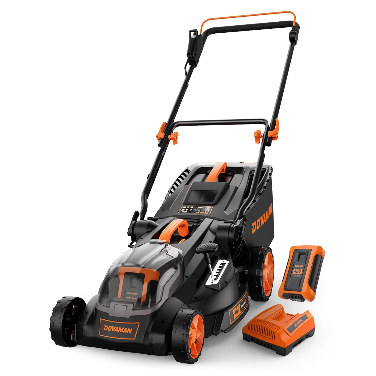 DOVAMAN lawn mower with battery and charger on a white background