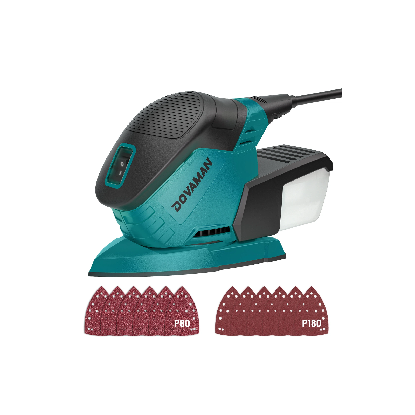 Blue sander with sandpaper sheets on a white background, featuring the brand 'DOVAMAN'.