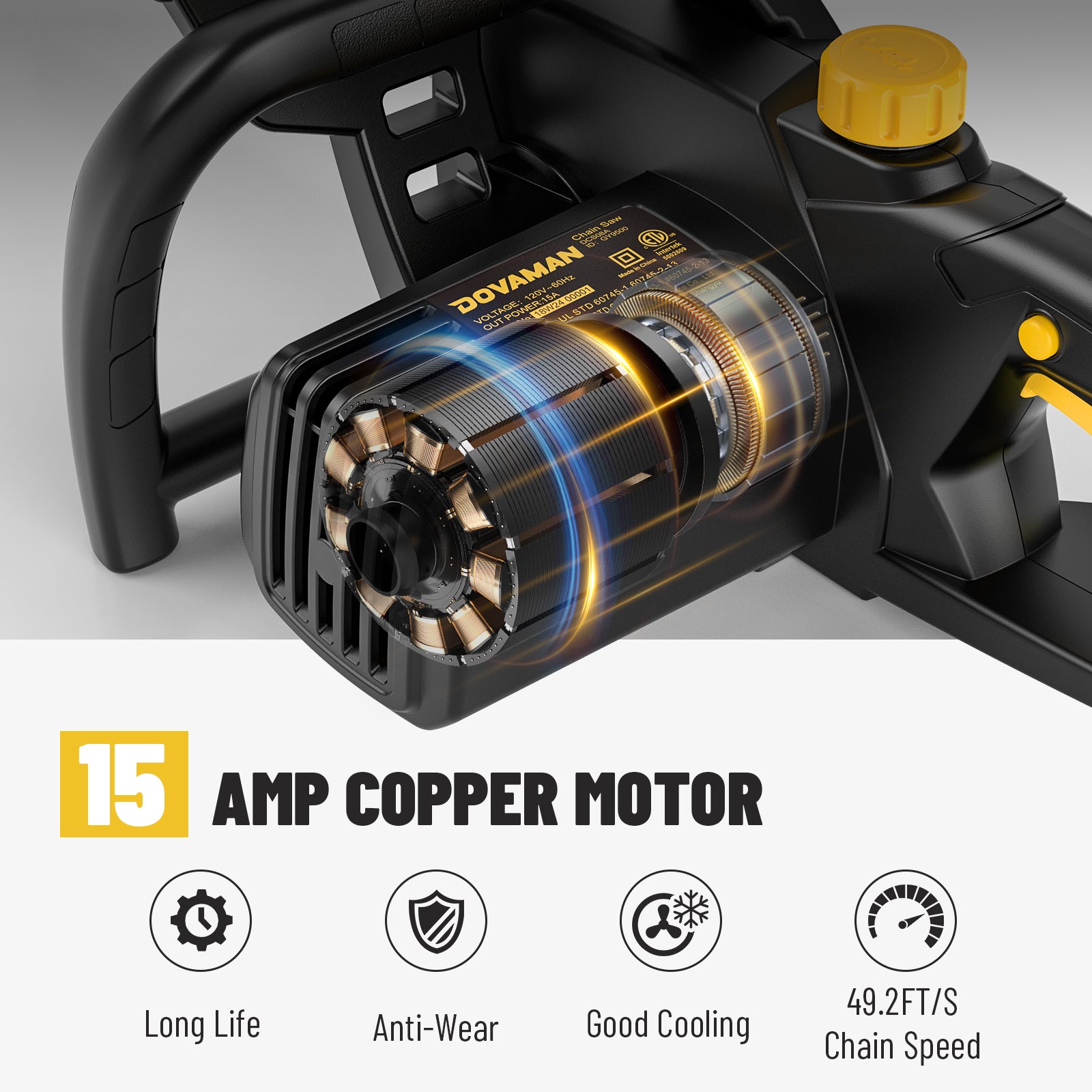 DOVAMAN DCS08A Powerful 15-Amp Copper Motor with 49.2 FT/S High Chain Speed for Efficient Cutting