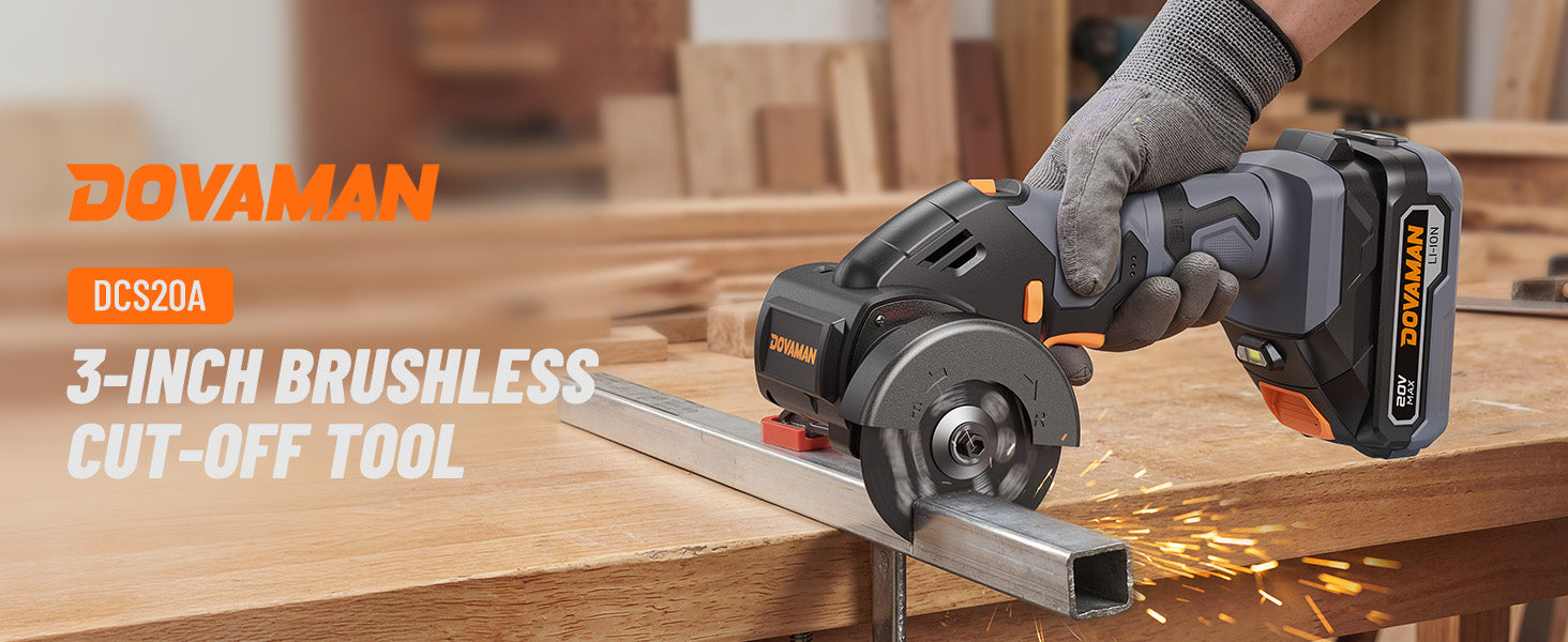 Dovaman 3-inch brushless cut-off tool being used on a wooden surface with sparks flying.