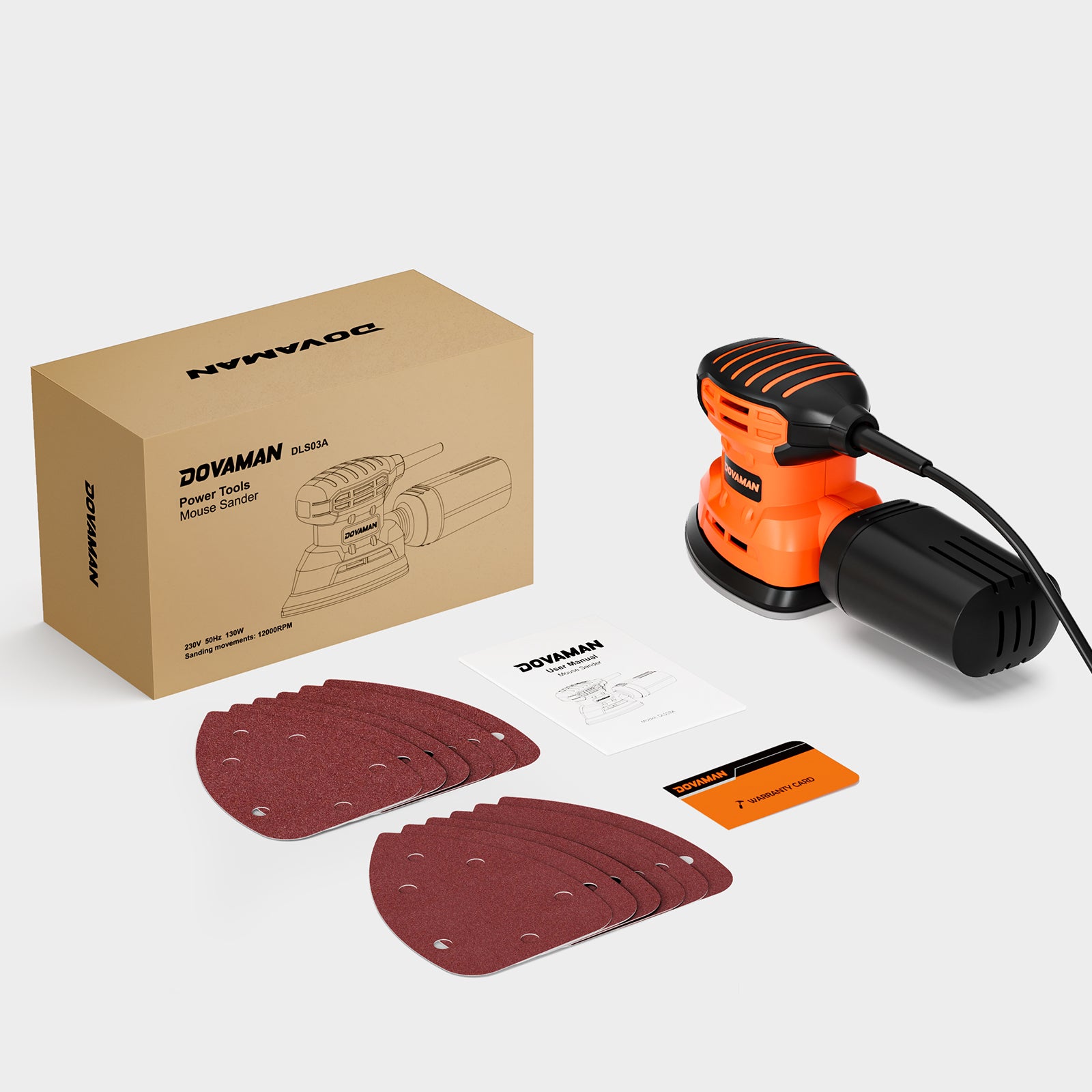Complete DOVAMAN detail sander kit including manual, warranty card, and assorted sanding pads