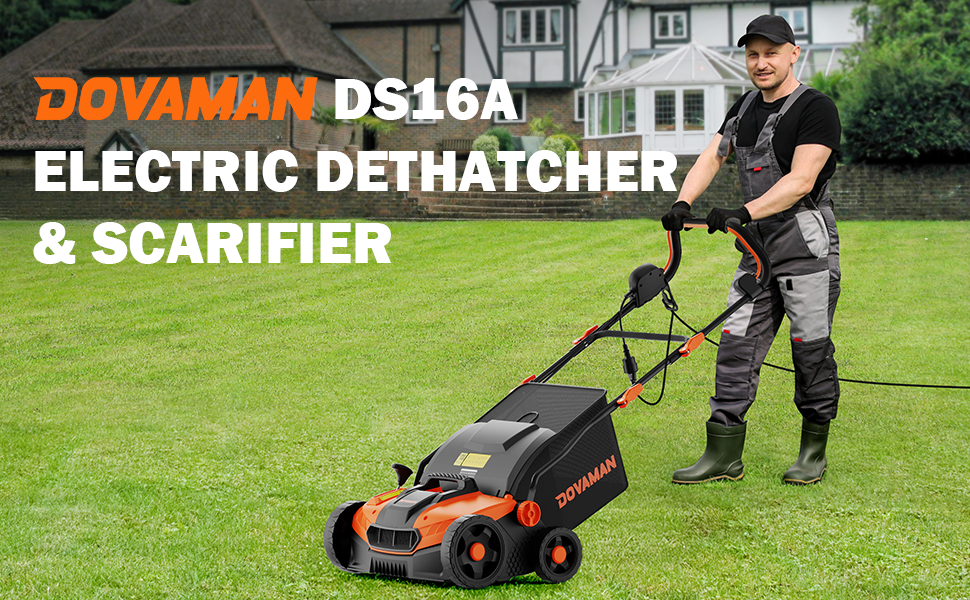 A man using a DOVAMAN electric dethatcher and scarifier on a lawn