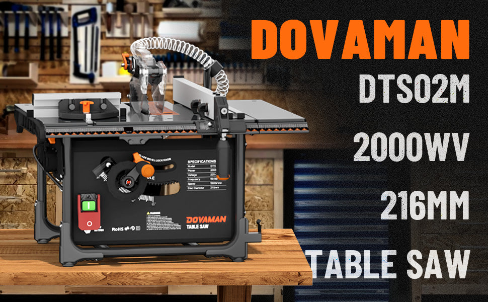 Dovaman DTS02M table saw on a wooden surface with workshop background