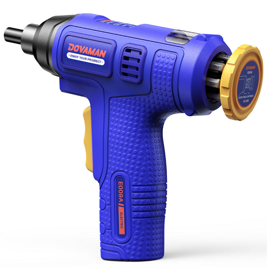 Blue and yellow DOVAMAN electric screwdriver on a white background