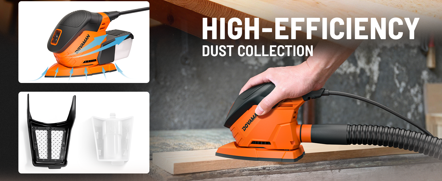 Sander with high-efficiency dust collection system on a wooden surface.