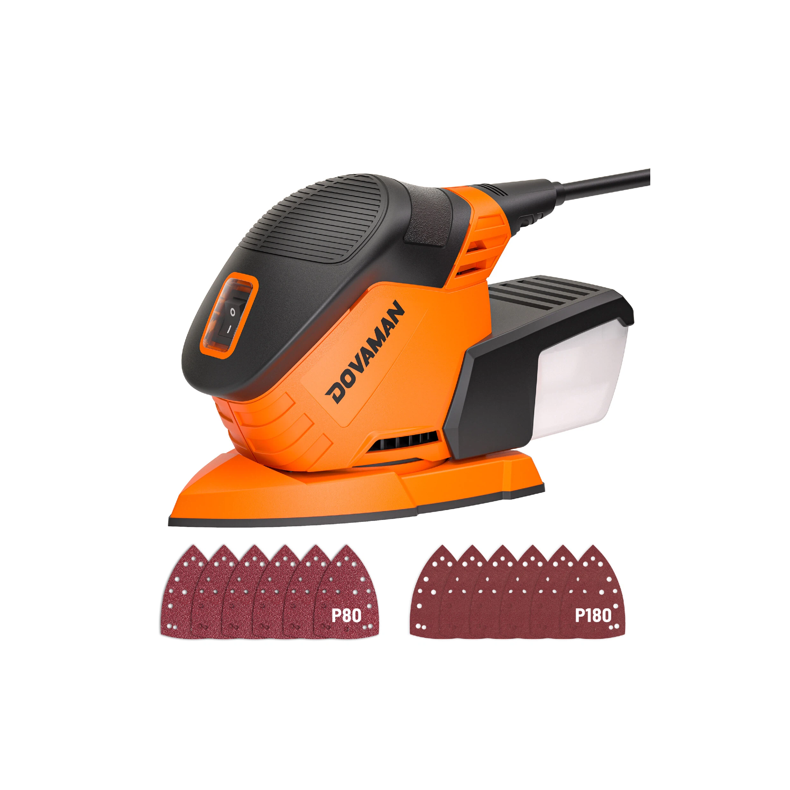 Orange and black detail sander with sandpaper sheets on a white background