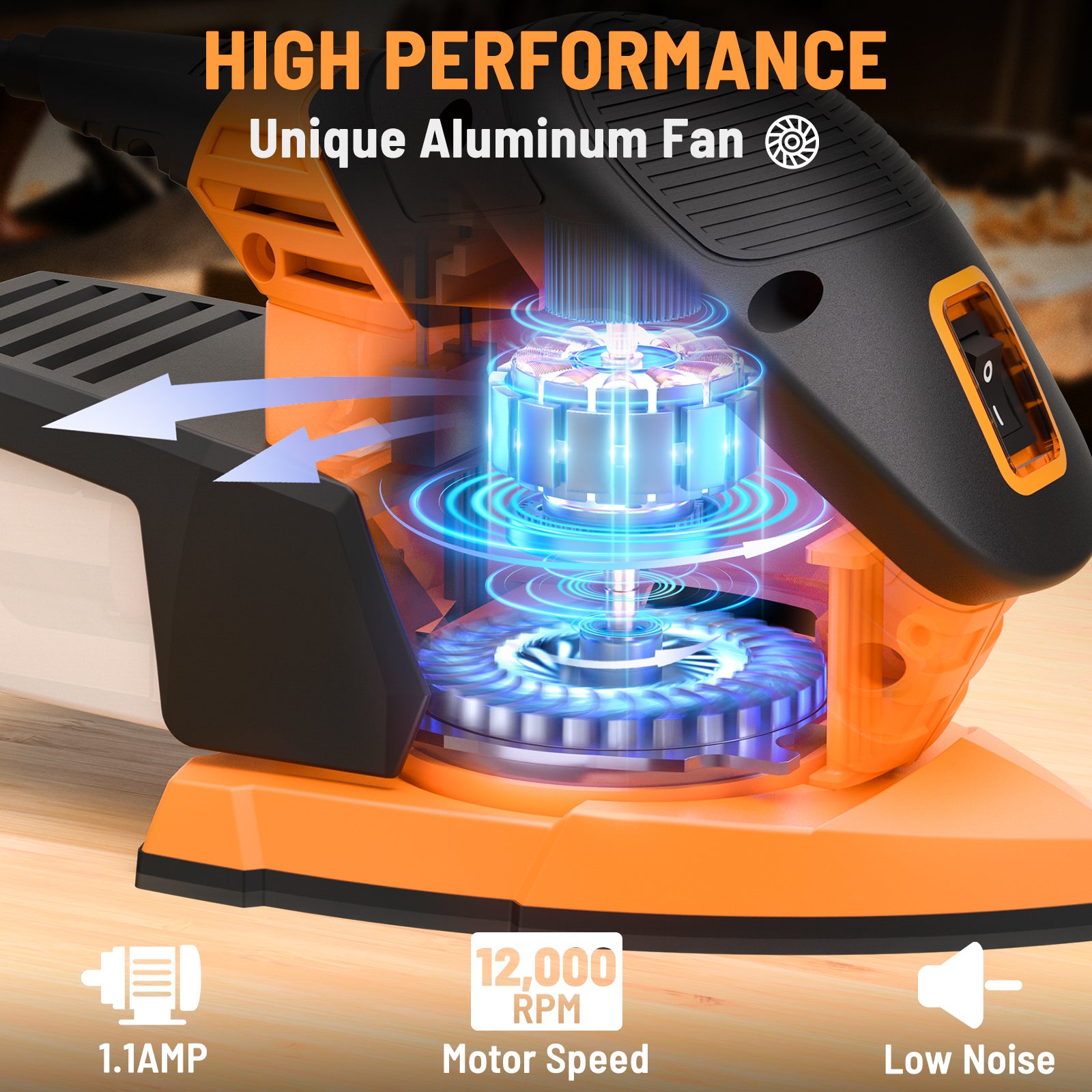 High-performance detail sander with unique aluminum fan design, featuring text and graphics on a blurred background.
