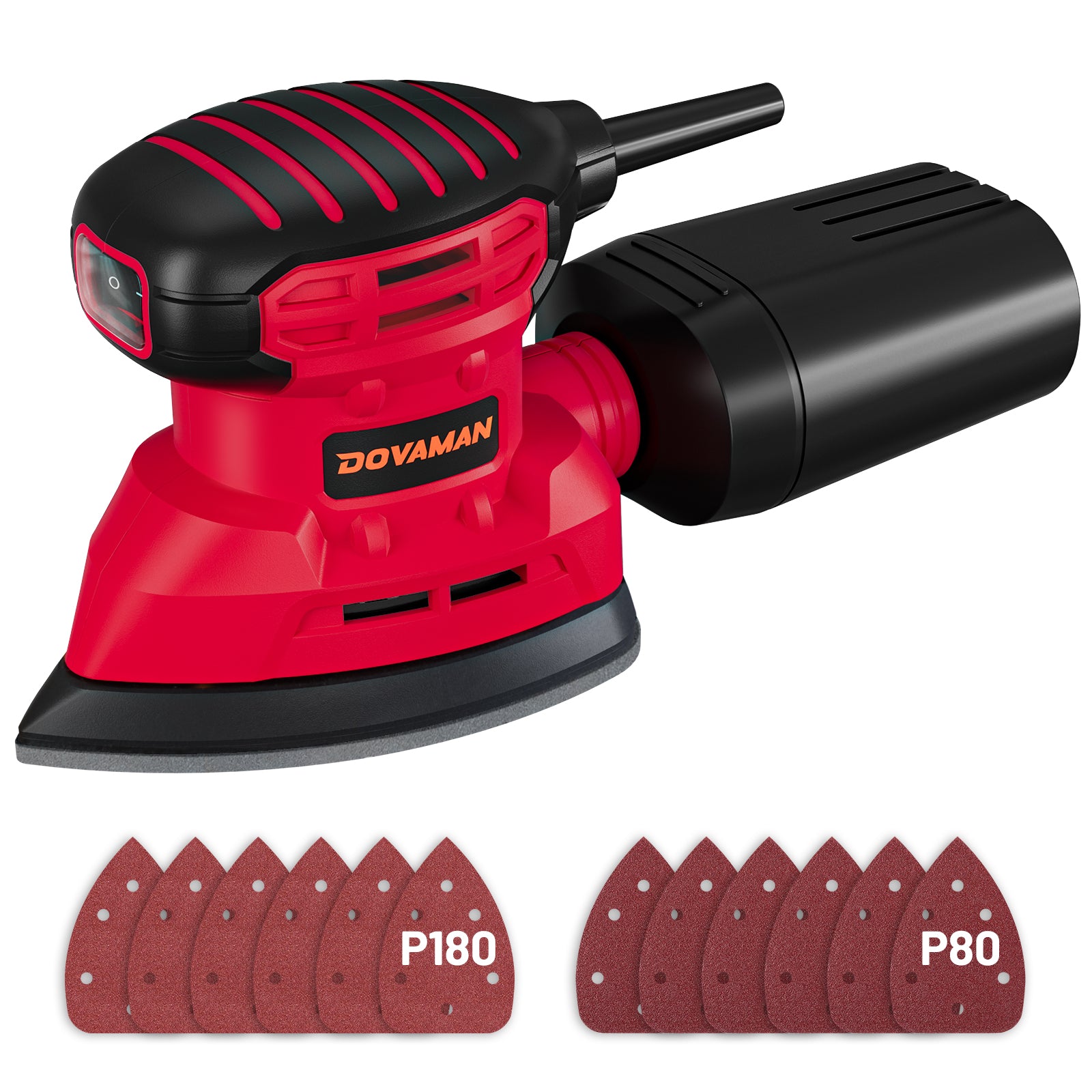 Red and black DOVAMAN sander with sandpaper pads on a white background