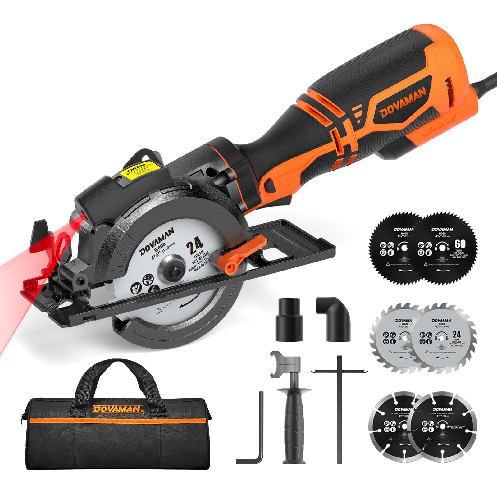 Complete DOVAMAN MCS01A kit: orange and black mini saw with a matching heavy-duty carrying bag