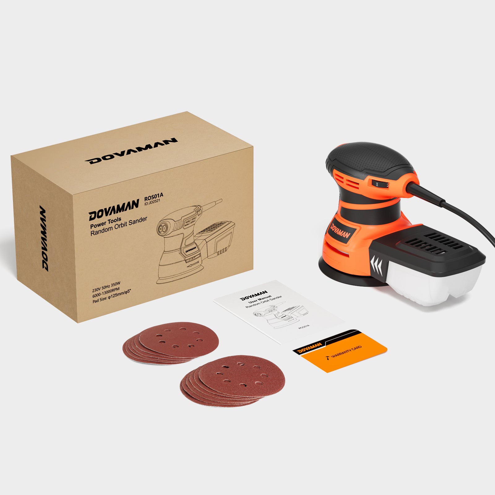 DOVAMAN power sander with packaging and sanding discs on a white background