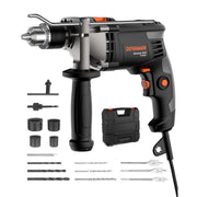 Hammer drill with accessories on a white background