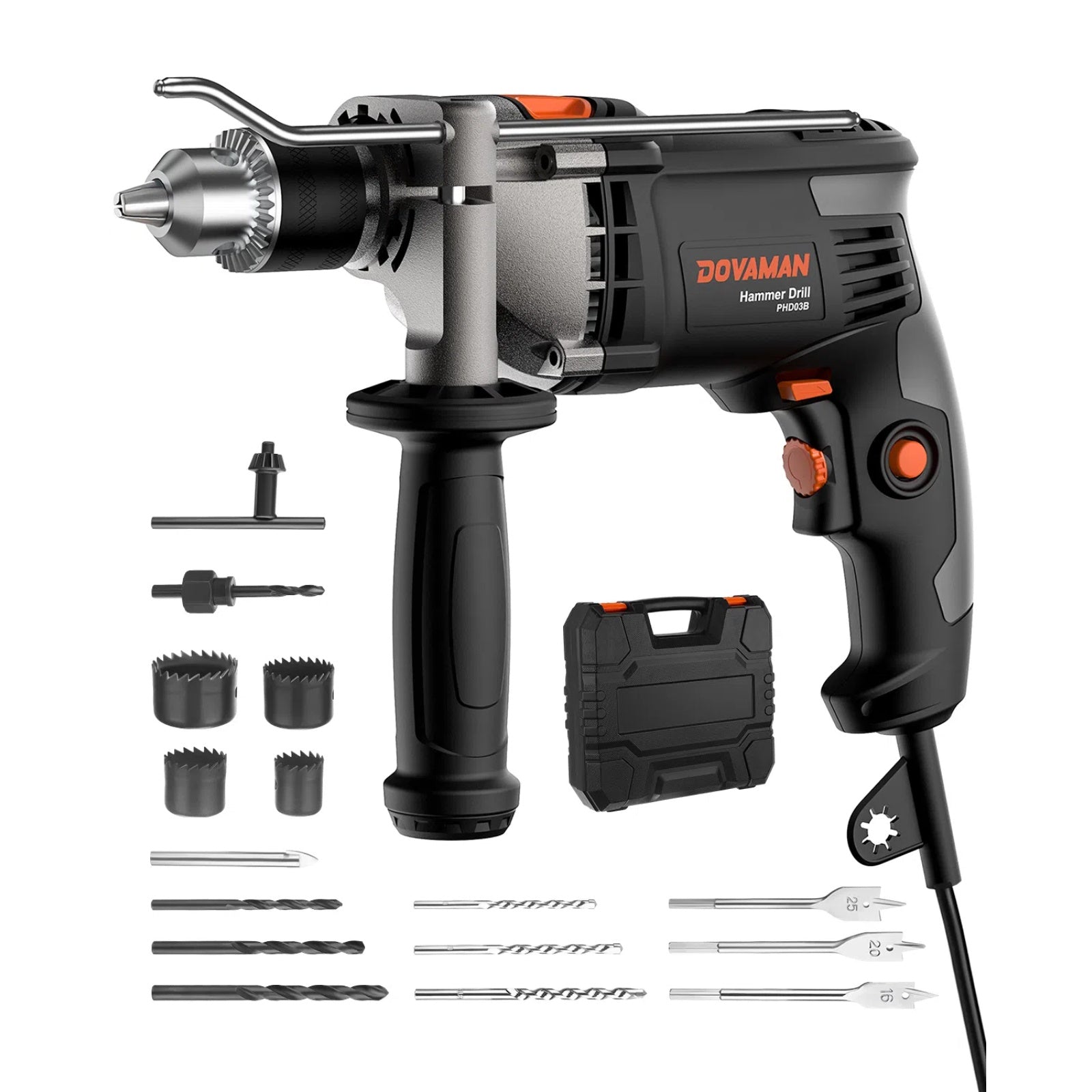 Hammer drill with accessories on a white background