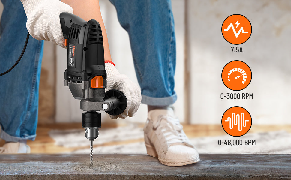 Person using an electric drill on a wooden surface with product specifications displayed.