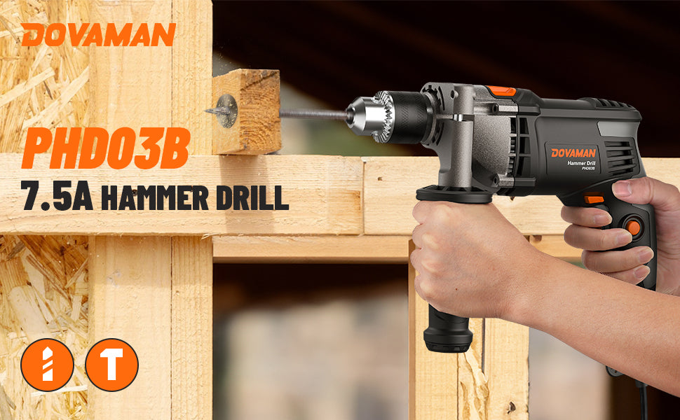 Dovaman PHDO3B 7.5A Hammer Drill being used on wooden planks with brand logos.