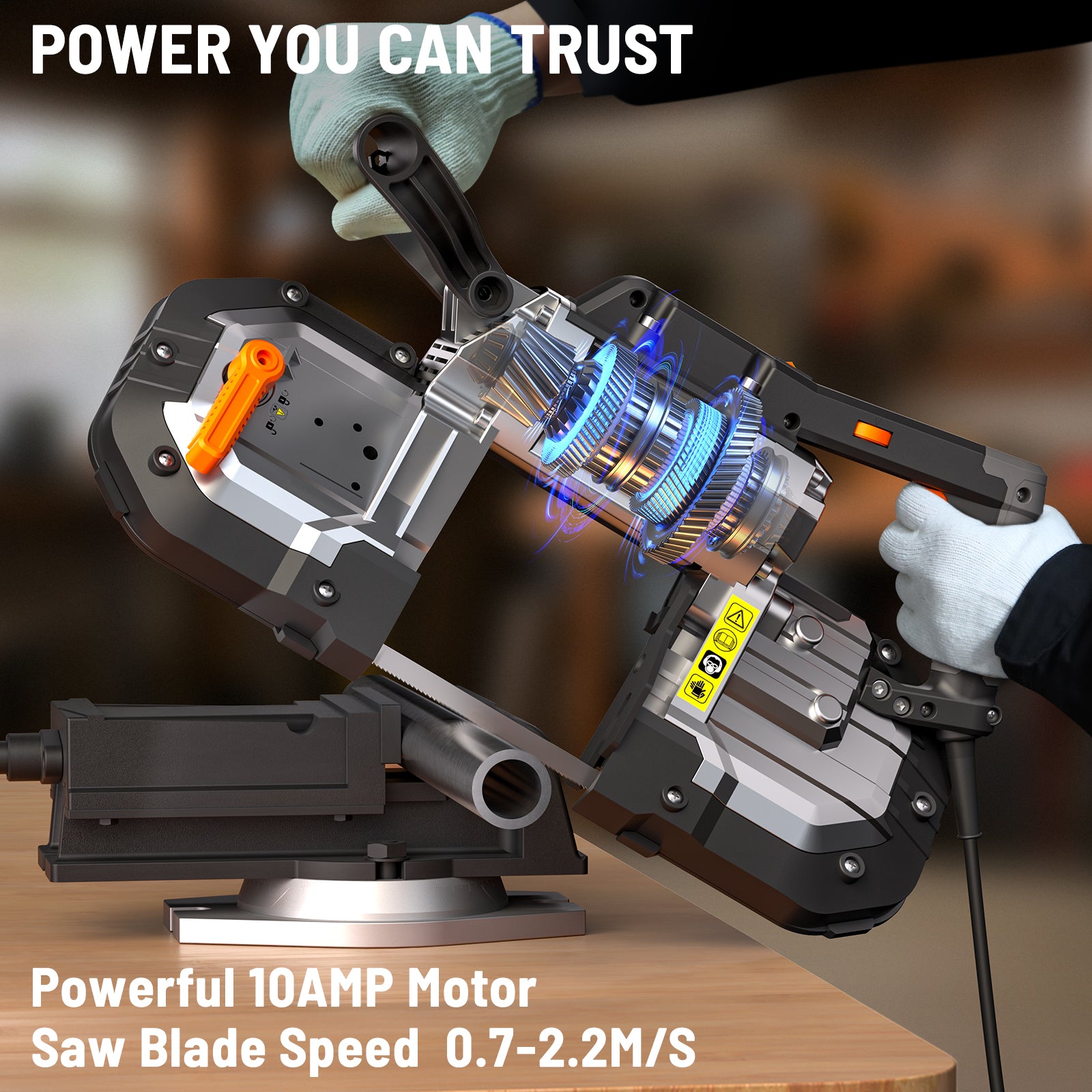 Bandsaw with hands wearing gloves on a blurred workshop background, featuring text about power and specifications.