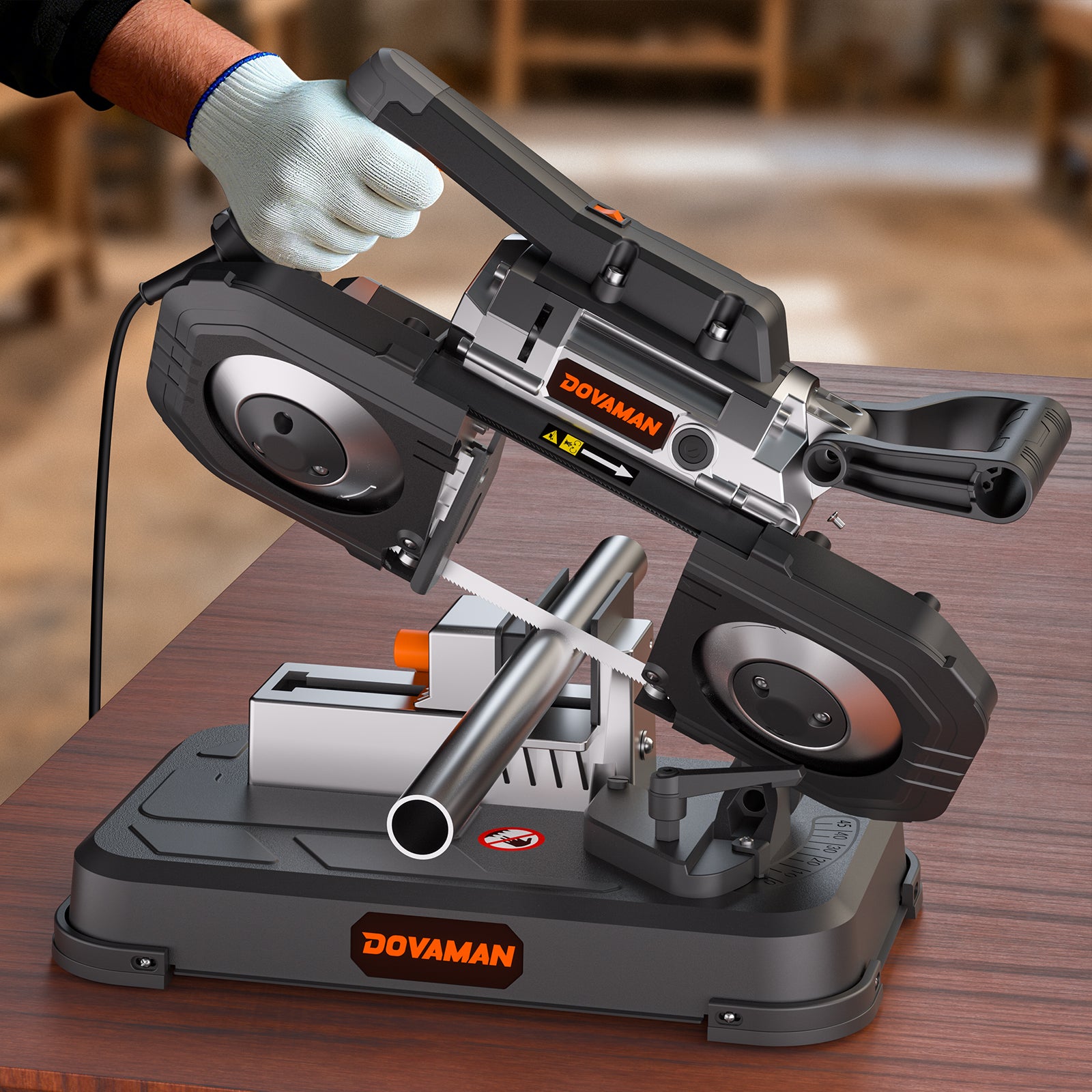 DOVAMAN metal cutting machine on a wooden surface with a blurred workshop background