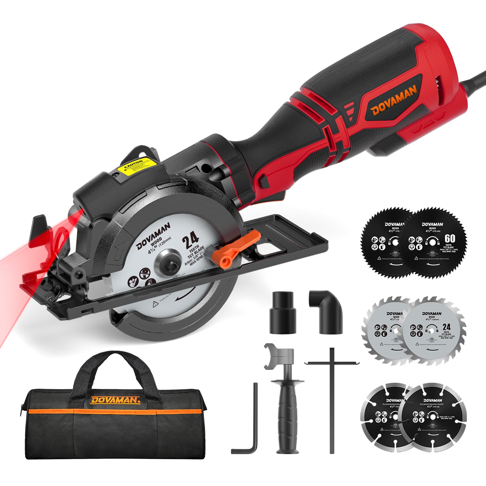 Complete DOVAMAN MCS01A kit: red and black mini saw with a matching heavy-duty carrying bag