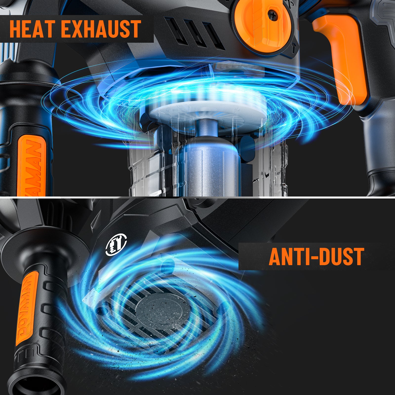 DOVAMAN RH15A Advanced Heat Exhaust and Anti-Dust Cooling System for Corded Rotary Hammer Durability