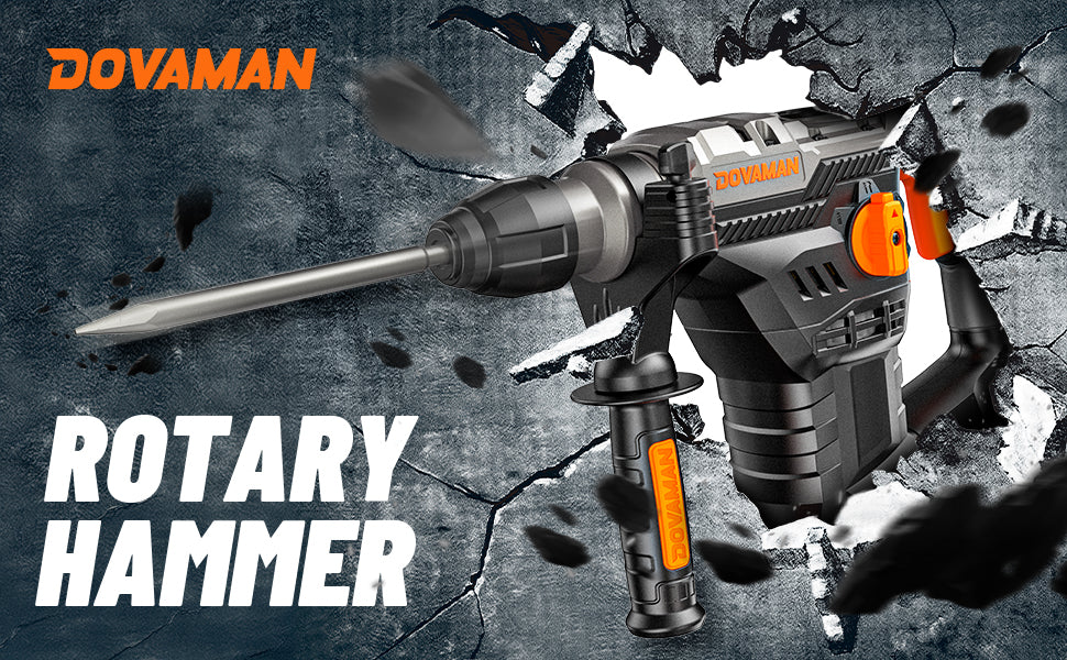 Dovaman rotary hammer on a dark background with visible cracks.