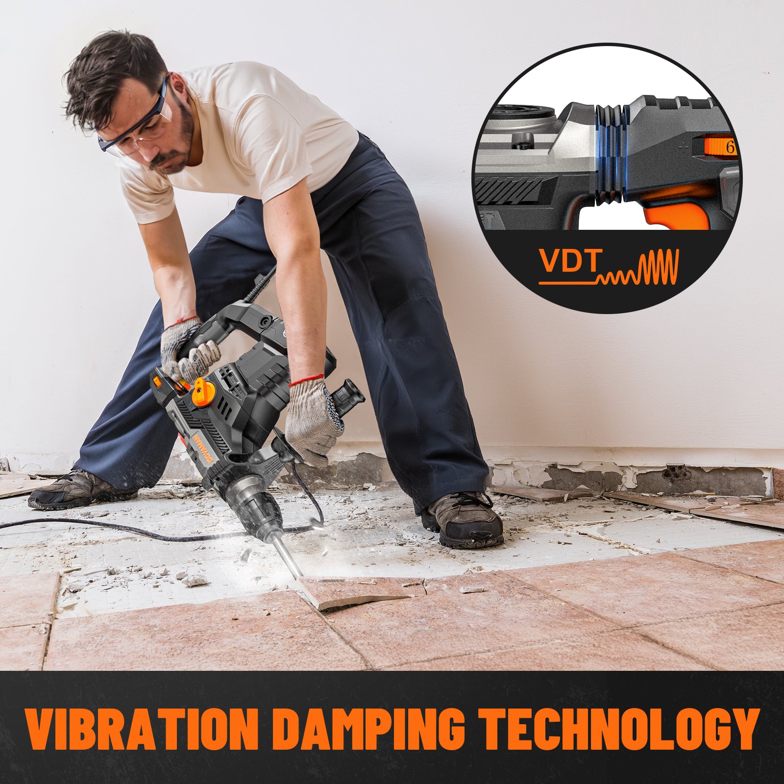 DOVAMAN RH15A Demolition Hammer with VDT Vibration Control Technology and Safety Clutch for User Protection