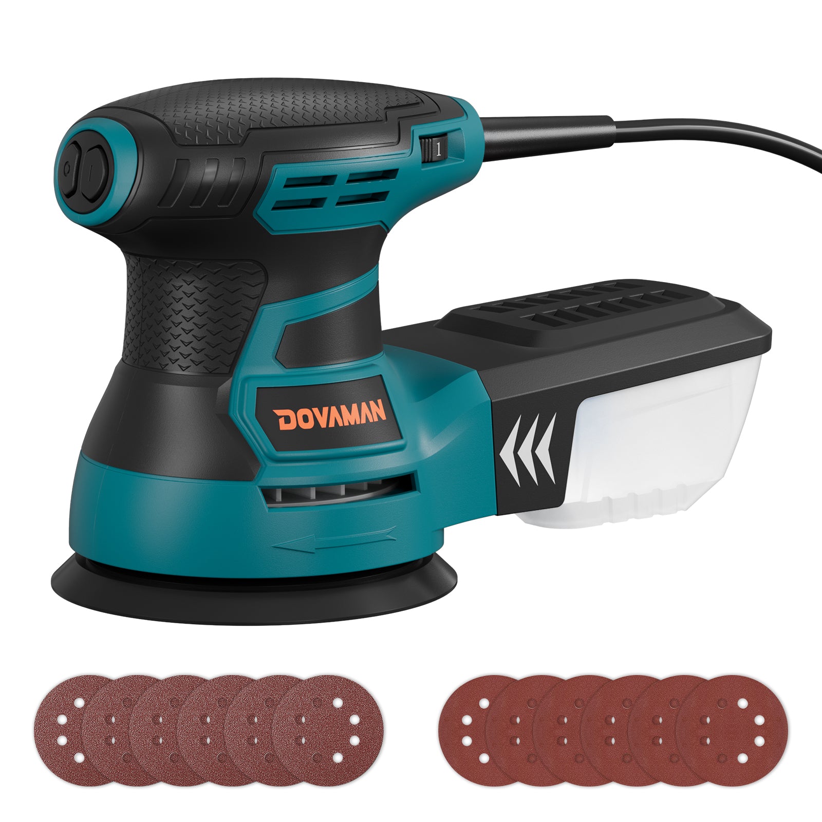 DOVAMAN blue sanding machine with sandpaper pads on a white background