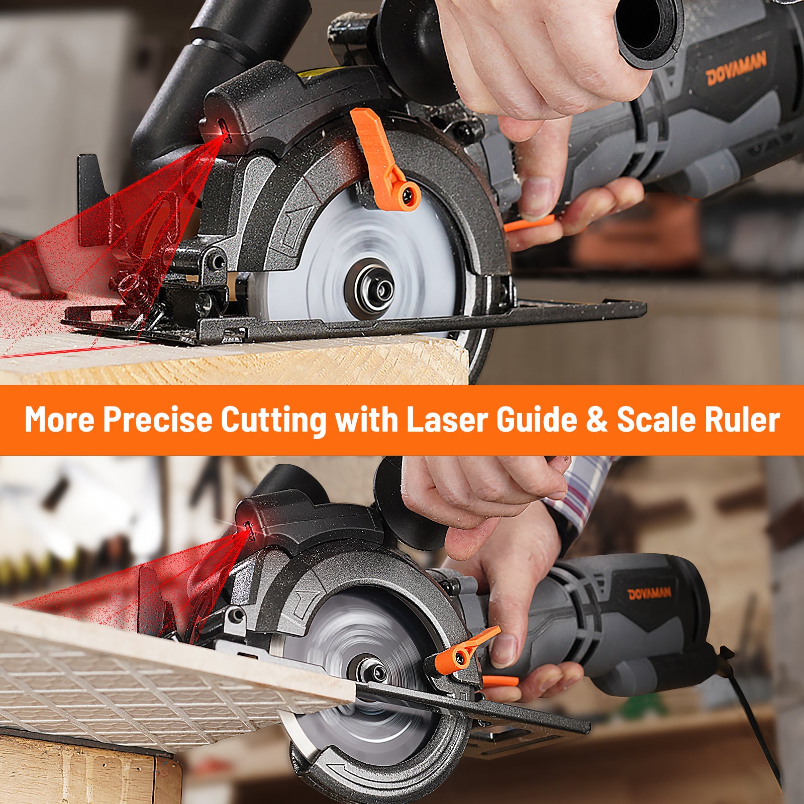 More precise cutting with laser guide and scale ruler on DOVAMAN compact saw
