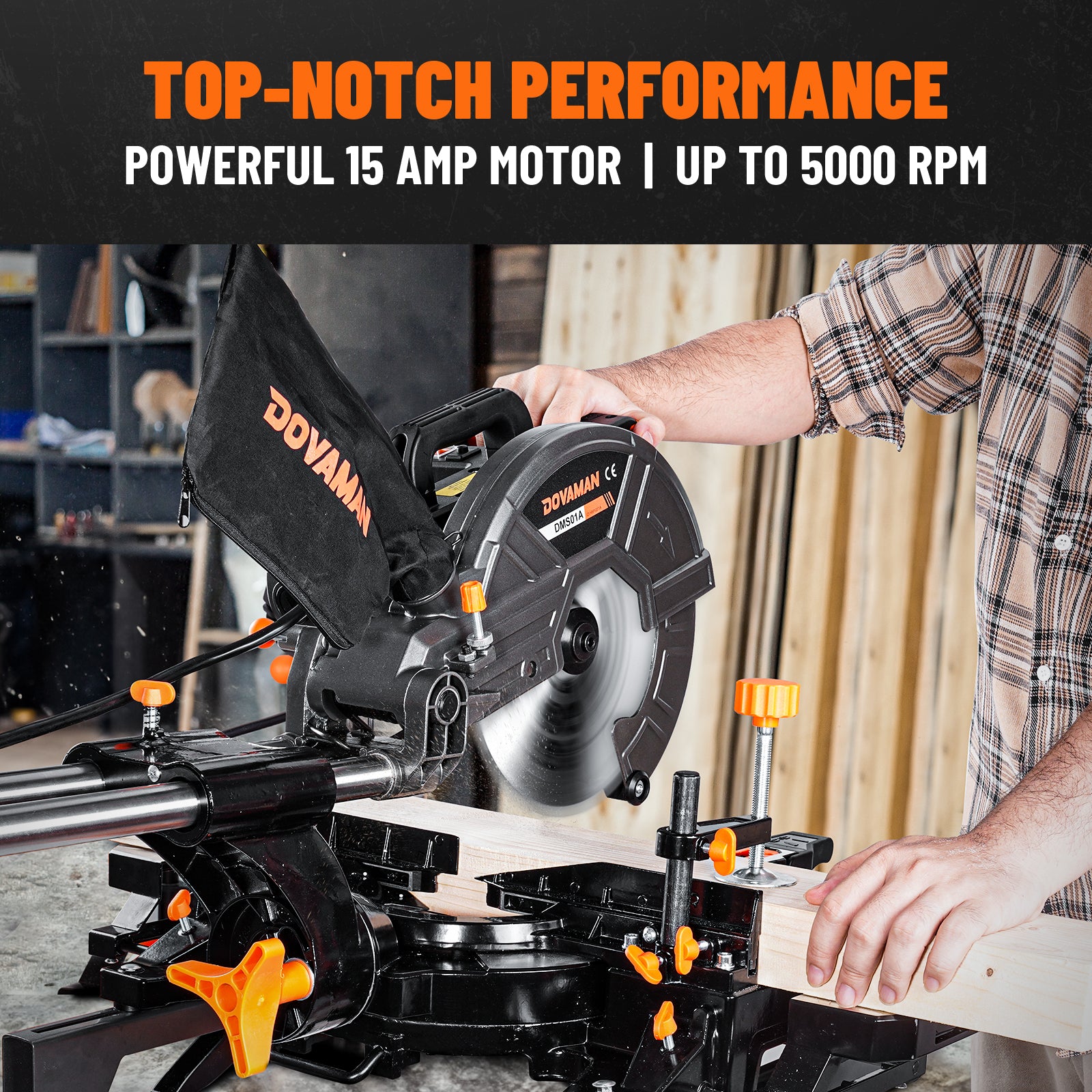 A powerful 15 Amp sliding compound miter saw, secured to a workbench while cutting through heavy timber