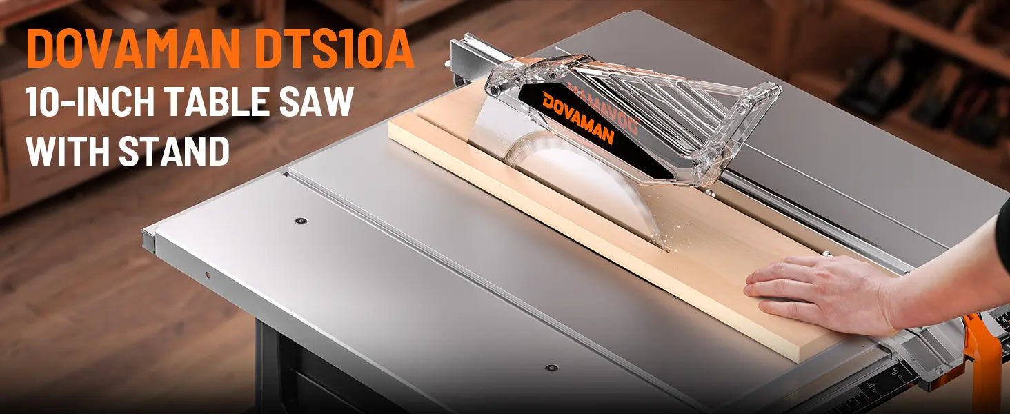 DOVAMAN DTS10A 10-inch table saw with stand on a wooden surface.