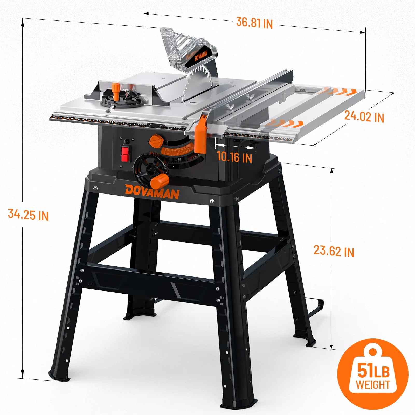 Table saw with dimensions and weight information on a white background