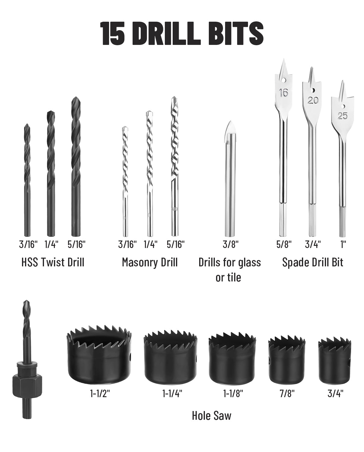 Set of 15 drill bits including HSS twist drill, masonry drill, glass/tile drills, spade bit, and hole saw on a white background.