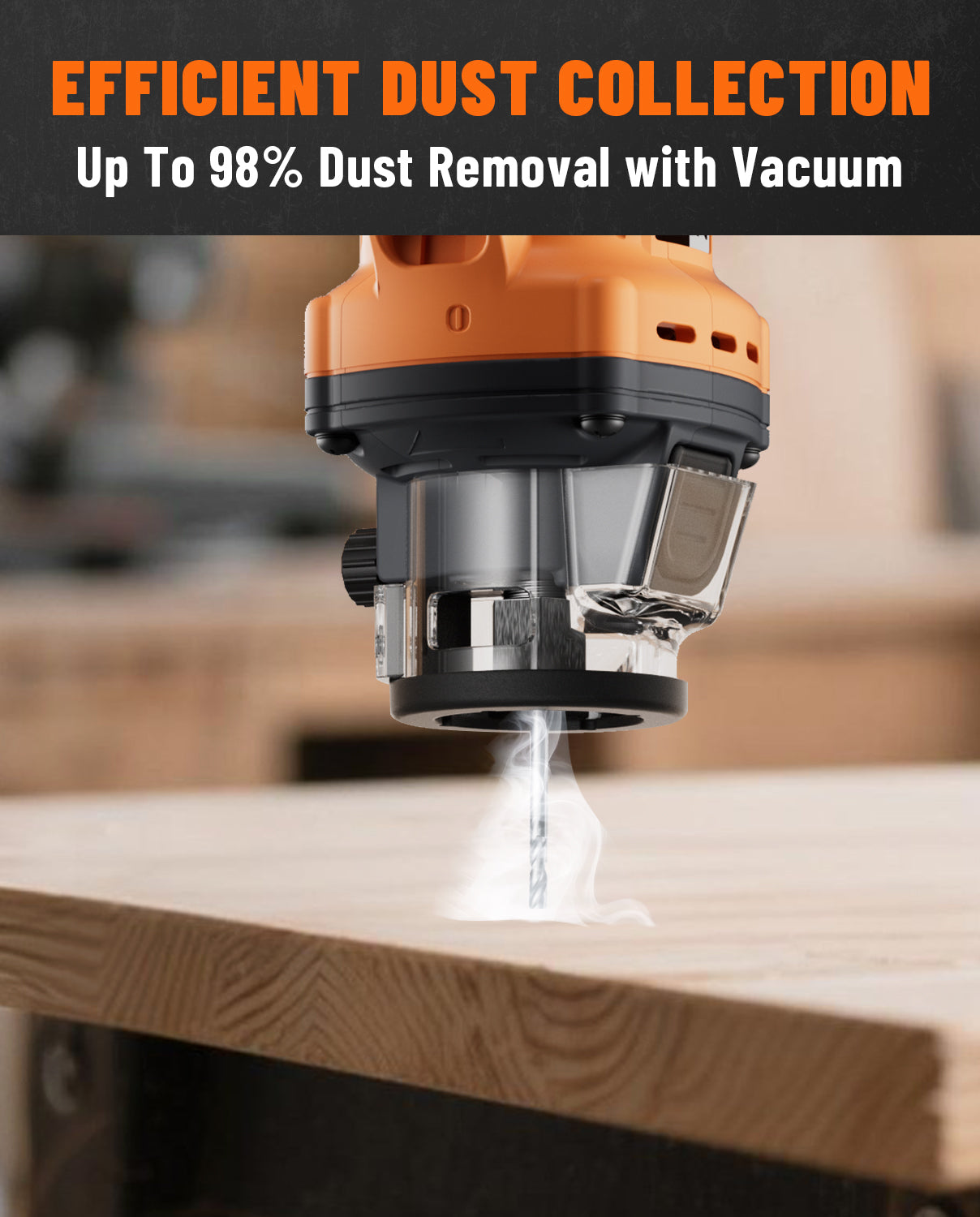 Woodworking tool with vacuum attachment on a wooden surface, emphasizing dust collection efficiency.