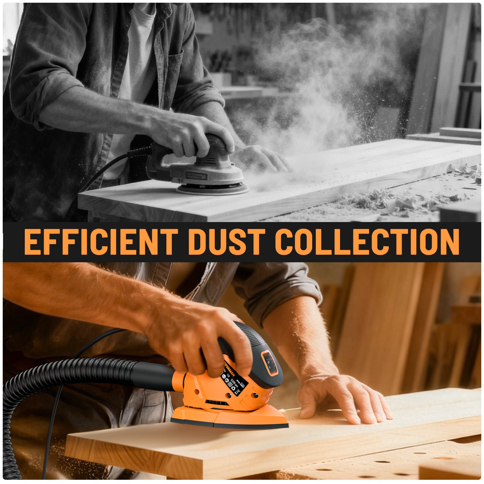 Person sanding a wooden surface with a dust collection tool, emphasizing efficient dust collection.