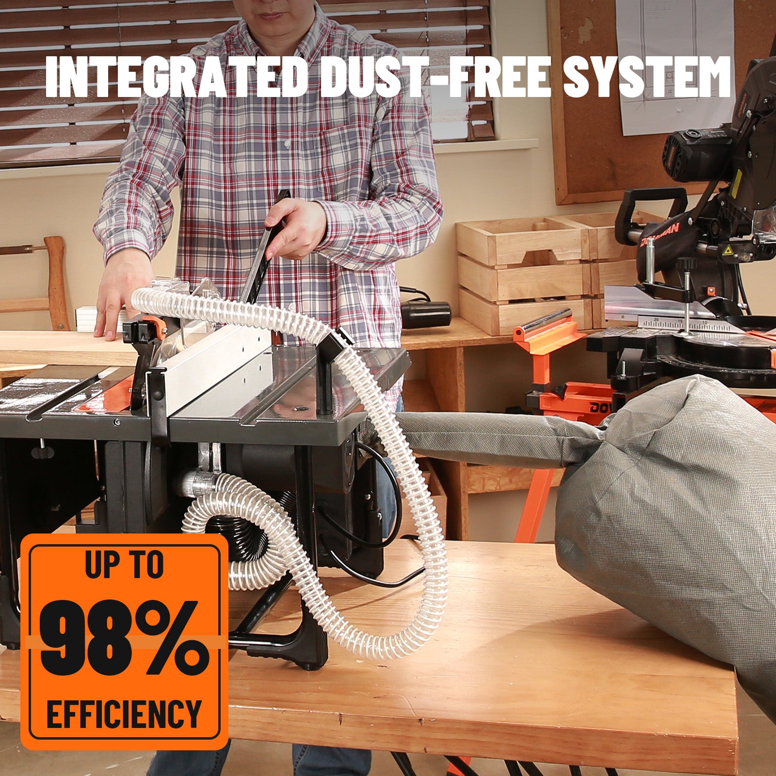 Person using a table saw with an integrated dust-free system in a workshop.