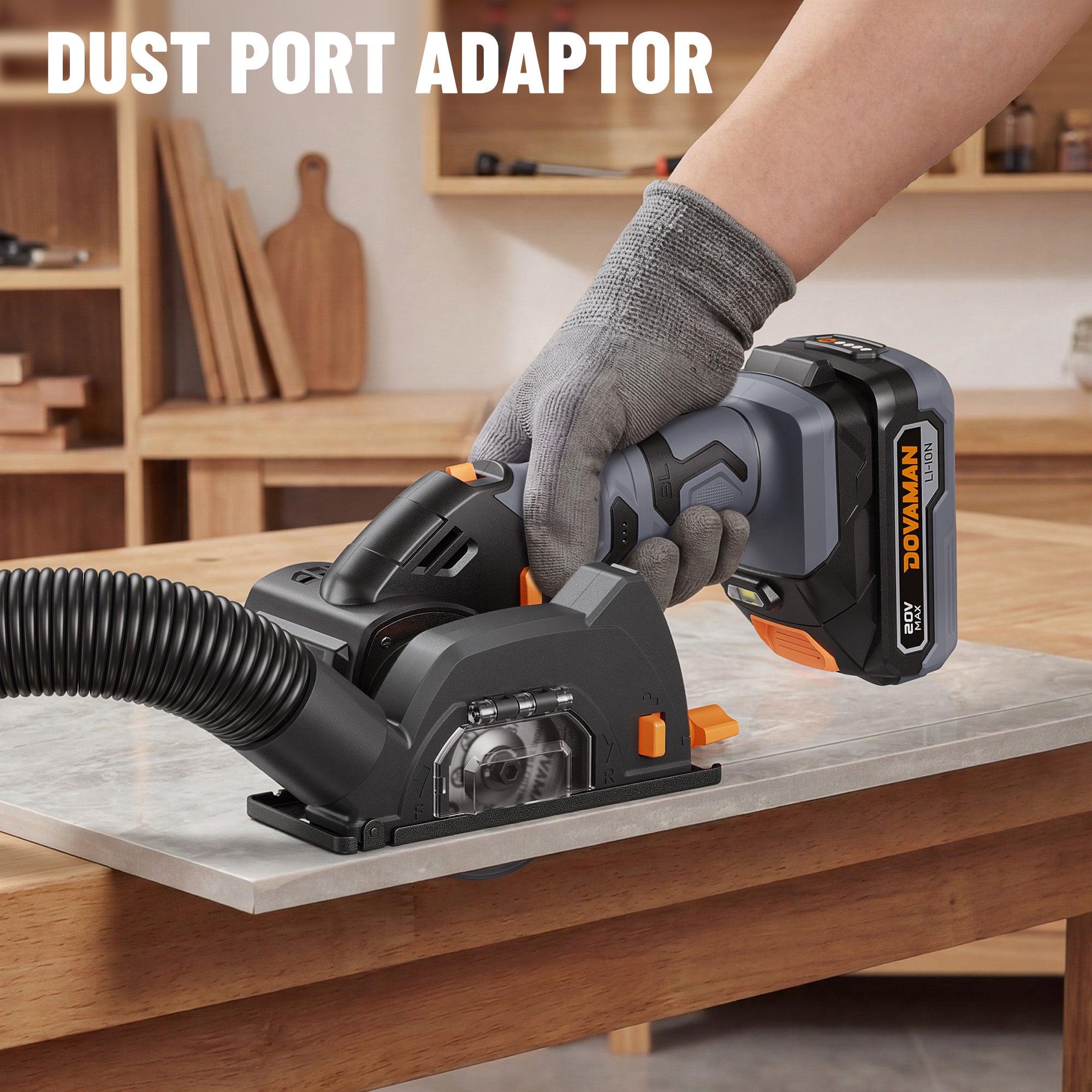 Person using a DOVAMAN cut-off tool with a dust port adapter on a wooden surface.