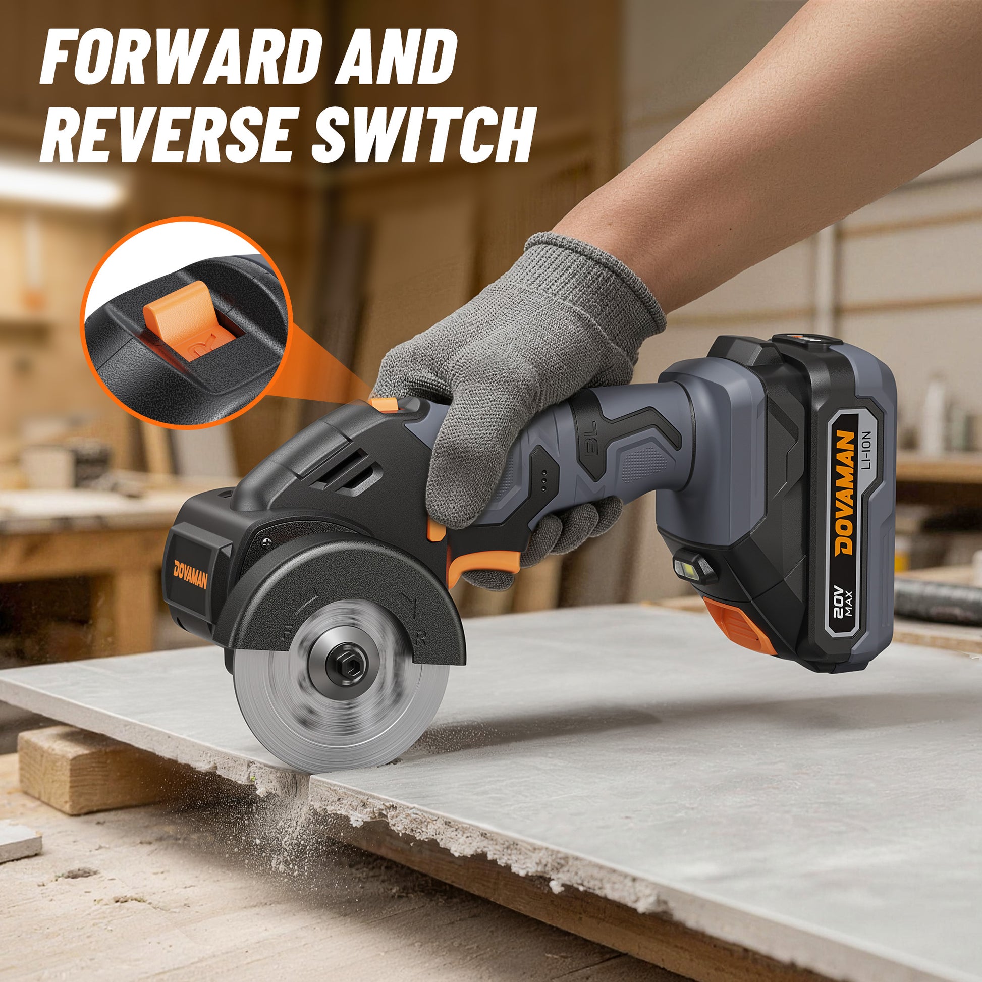 Cut-off tool being used on a wooden surface with 'DOVAMAN' branding and text about forward and reverse switch.