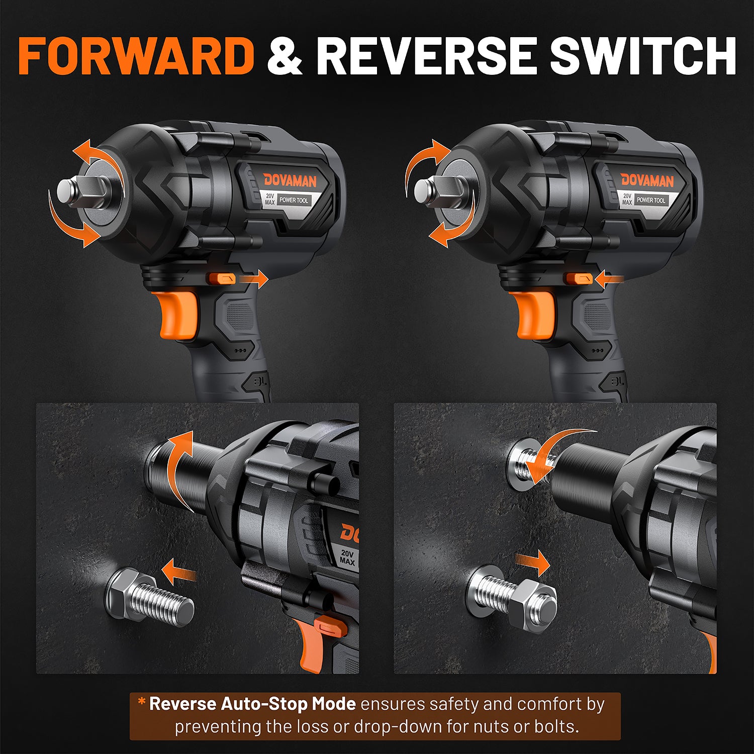 DOVAMAN impact wrench with forward and reverse switch features on a dark background