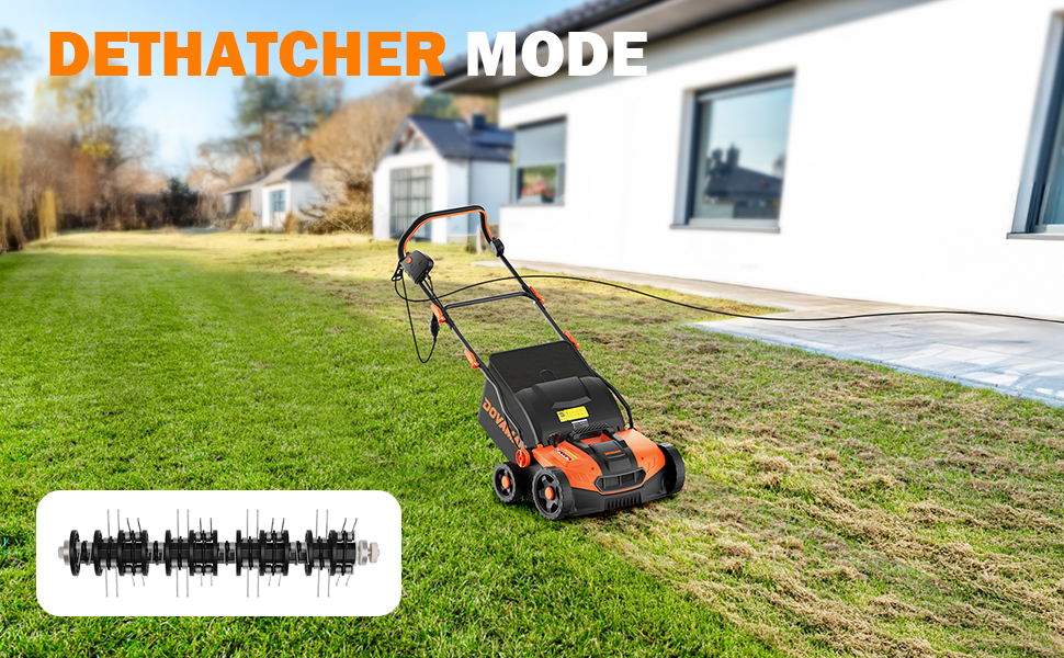 Lawn mower on a grassy lawn with 'DETHATCHER MODE' text and an inset illustration.