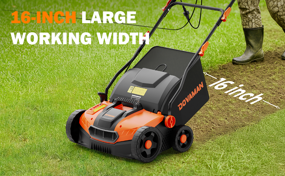 Orange and black dethatcher & scarifier on grass with '16-inch large working width' text