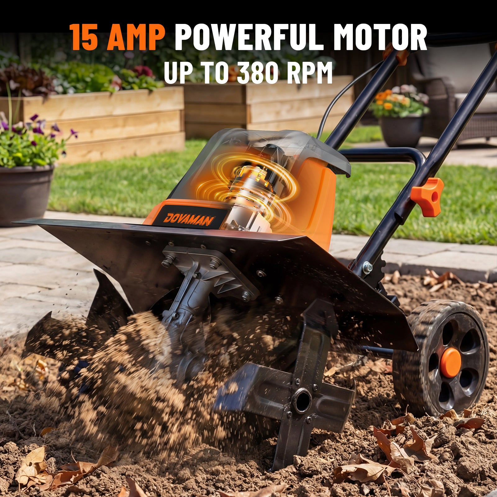 Gardening tool with 'DOVAMAN' branding digging into soil in a garden background