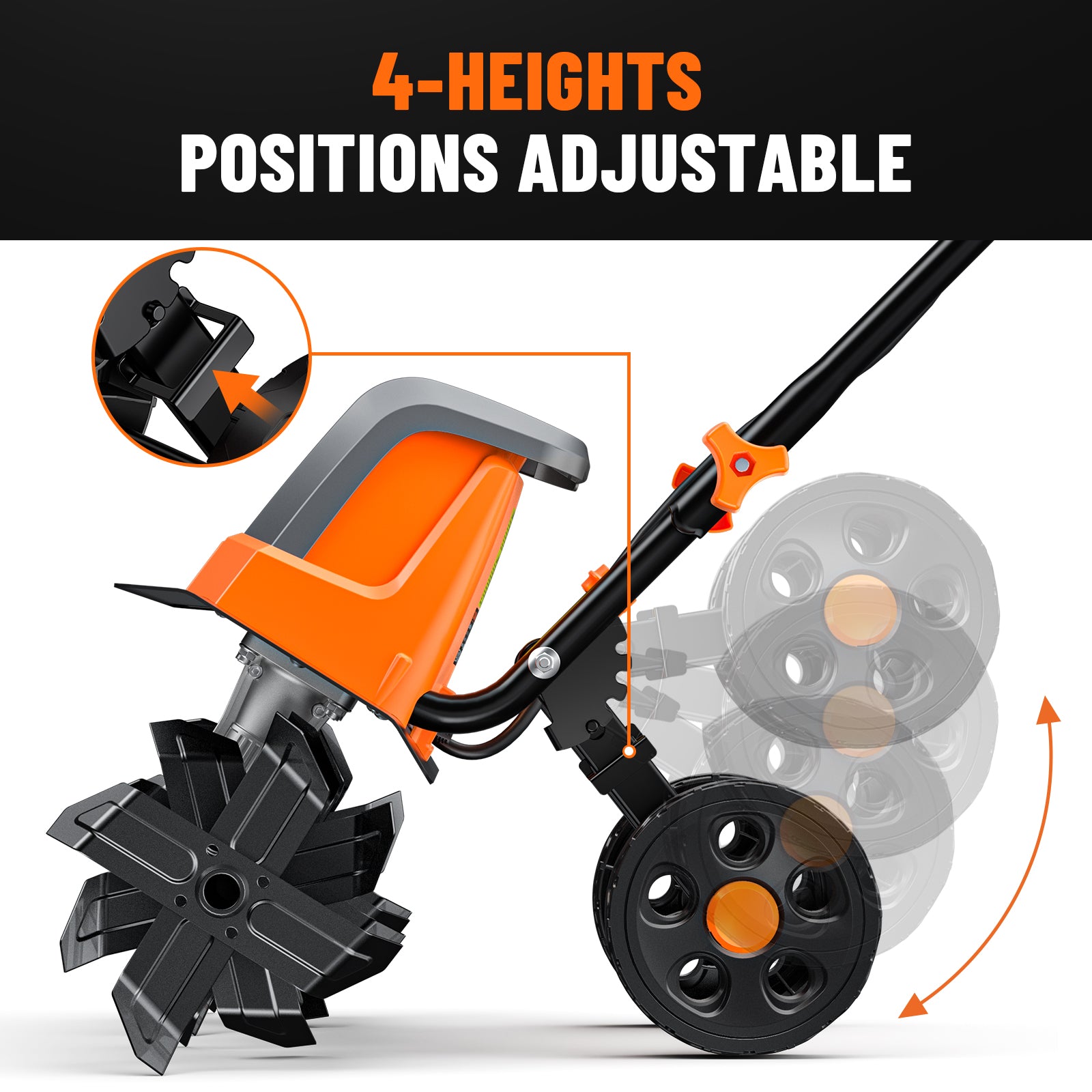 Gardening tiller with 4 adjustable height feature on a white background