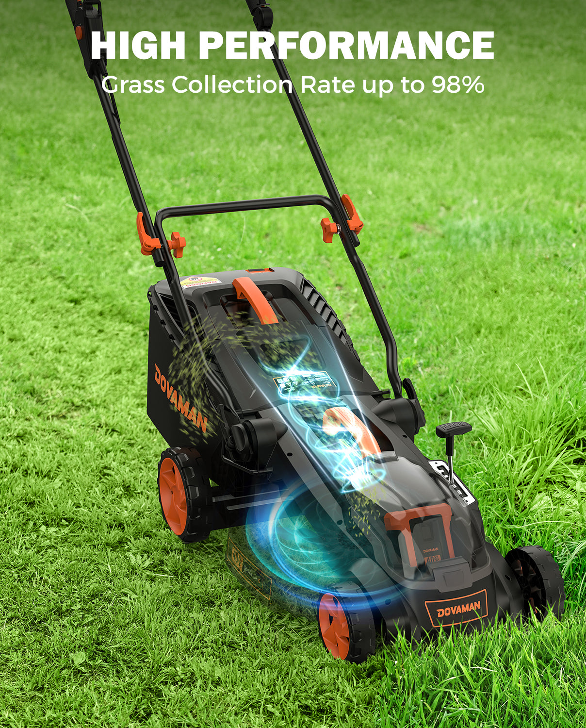 DOVAMAN lawn mower on grass with high-performance text and grass collection rate information.