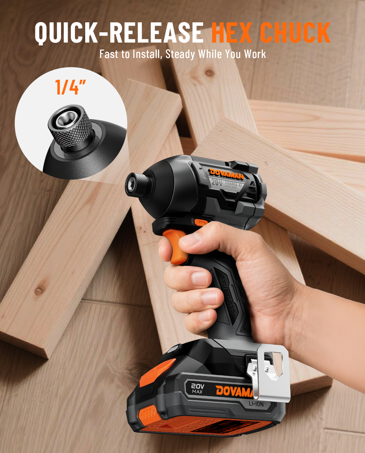 DOVAMAN power impact driver with quick-release hex chuck held by a hand on a wooden surface.