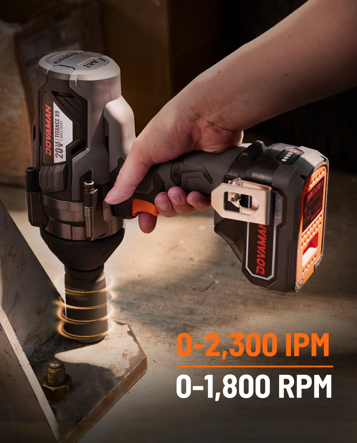 Person using a power impact wrench with visible brand name on a blurred background