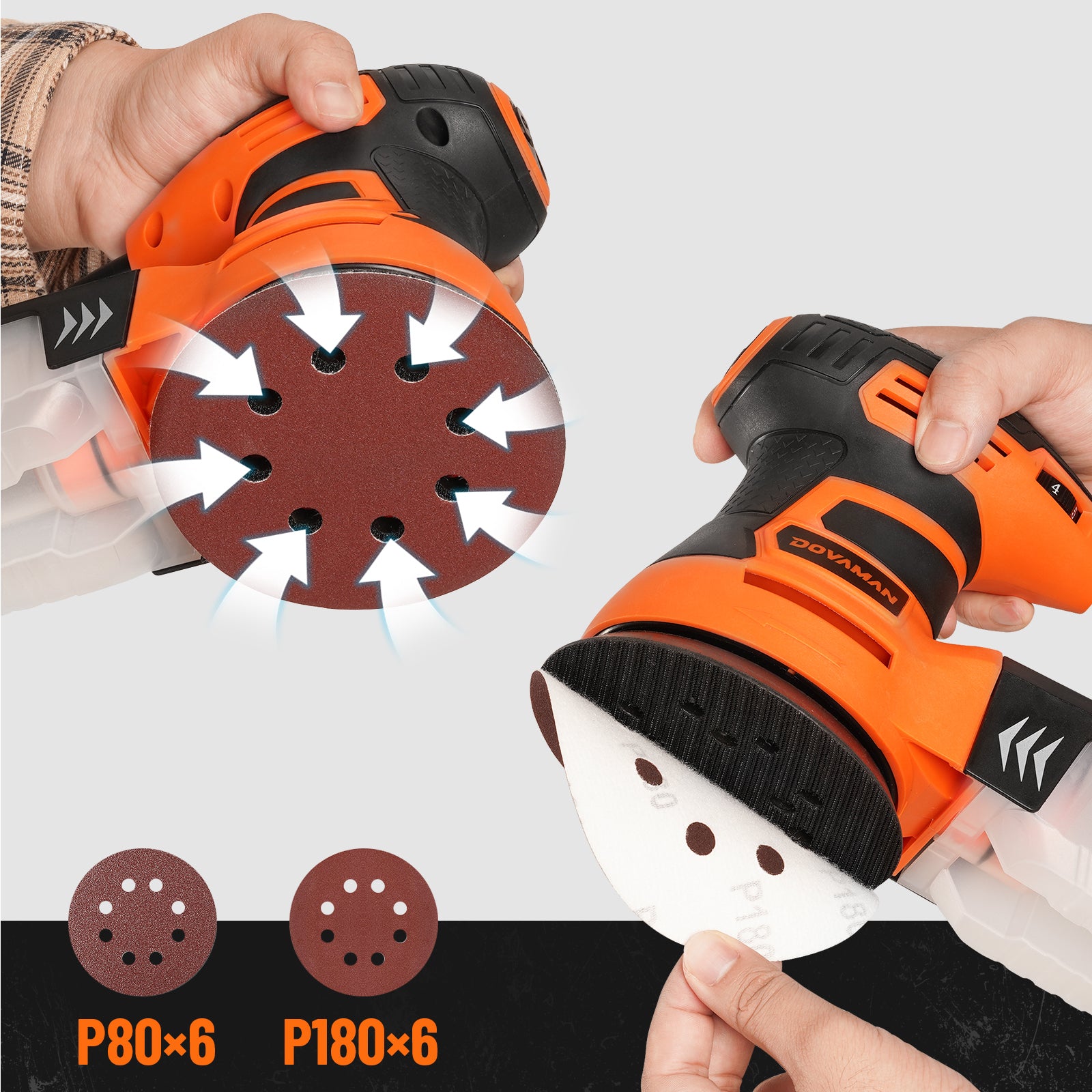 Sander with sandpaper attachment held by a person, showing different sandpaper grits.