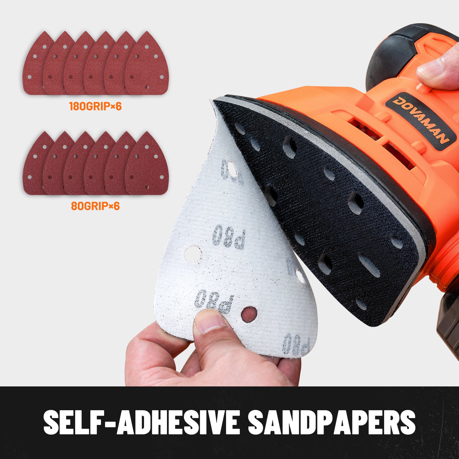 Sander with self-adhesive sandpapers and a close-up of sandpaper 