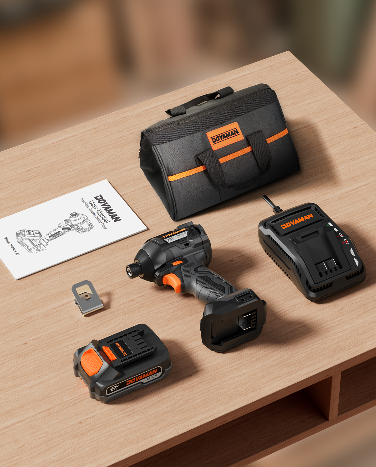 DOVAMAN power tool set with impact driver, battery, charger, and toolbox on a wooden surface.