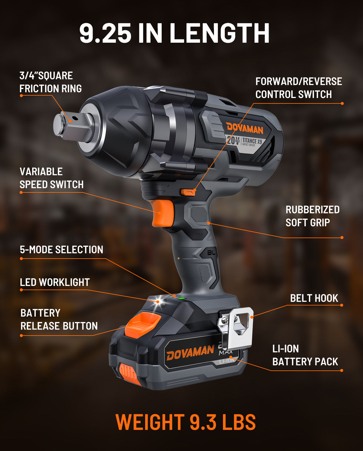 DOVAMAN  impact wrench with feature labels on a dark background